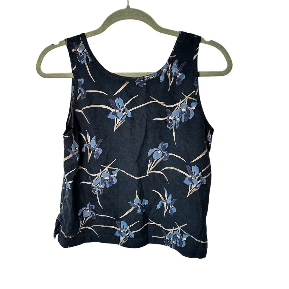 Vintage L.L. Bean Tank Top 100% Silk Navy Floral Sleeveless Shell Size Small - Picture 3 of 5